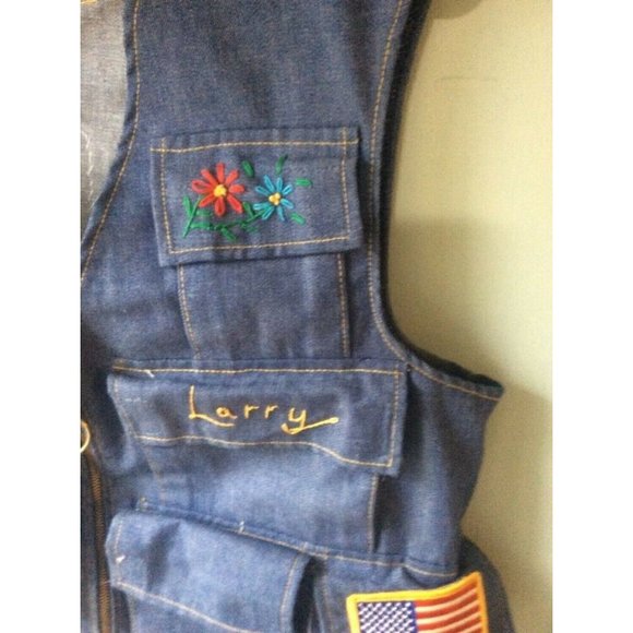 Men's Denim Vest Jean travel patches Disney NASA Railroad Larry Pockets - Picture 2 of 8